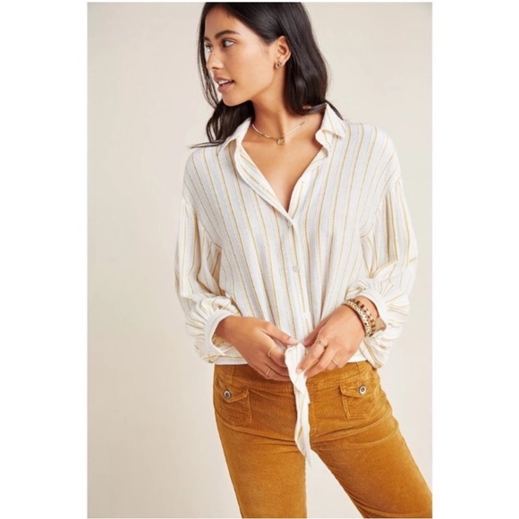 Anthropologie Tops - Anthropologie White and Gold Tailor Strip Button Down Long Sleeve Size 14